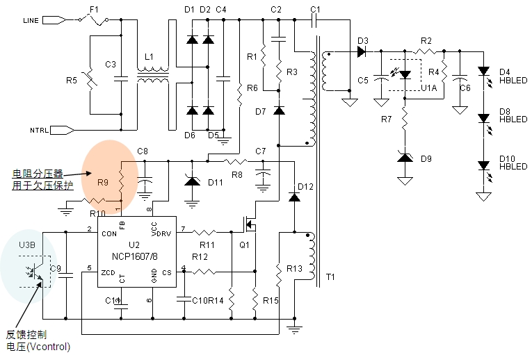 圖4：基于NCP1607/8 PFC控制器的8 W-25 W AC-DC LED照明應(yīng)用示意圖