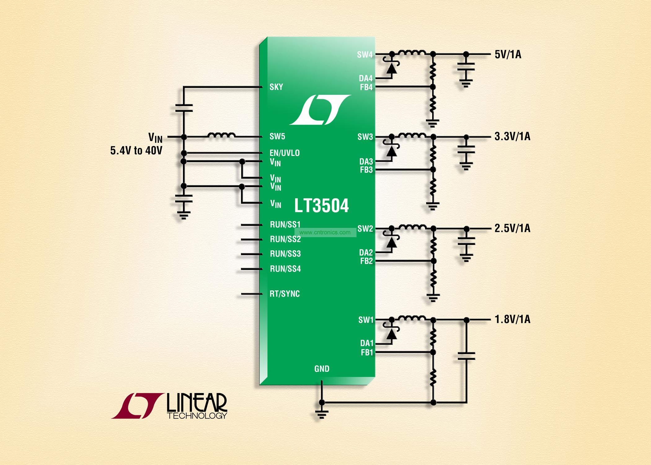 40V、4 通道 1A (IOUT)、2.2MHz 降壓型 DC/DC 轉(zhuǎn)換器