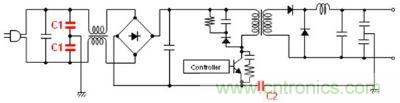 車載充電器電源電路例 (C1: AC線路濾波器用Y電容器、C2: 初級-次級耦合用電容器) 