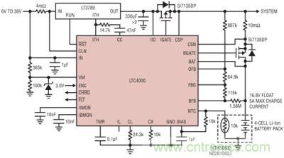 LTC4000 和 LTC3789：6V 至 36VIN、4 節(jié) 5A 鋰離子電池充電器