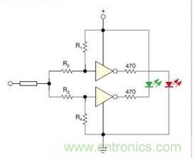 在雙門構(gòu)成的CMOS/TTL兼容探頭中，R1至R4電阻網(wǎng)絡(luò)對反相器輸入端做偏置