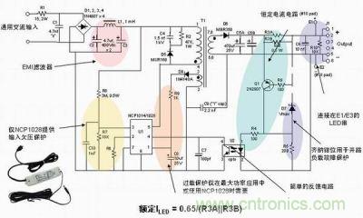 安森美半導體離線式第二代LED驅動器NCP1014/1028的應用示意圖。