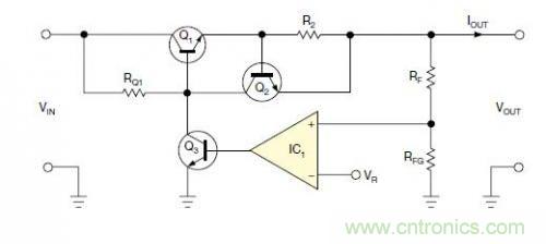 圖1：一個(gè)標(biāo)準(zhǔn)的線性穩(wěn)壓器直接將反饋連接到串聯(lián)導(dǎo)通晶體管上。