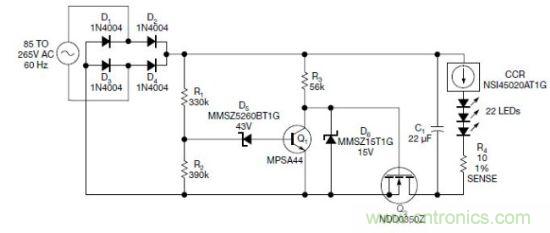 圖1：電路以恒流驅(qū)動一串LED，可用于全世界的各種交流電壓