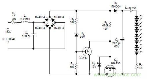 圖2：斬波工作類似圖1中的電路，但以較大的LED串聯(lián)電阻代替了恒流源，提供限流功能