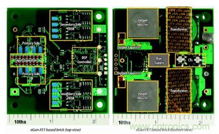 圖6：采用eGaN FET設(shè)計(jì)的48V至53V半磚PSE轉(zhuǎn)換器的頂視圖和底視圖(單位為英寸)。