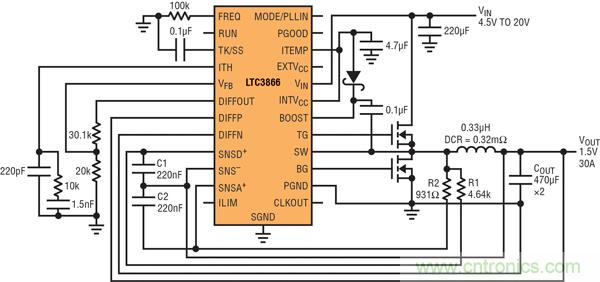 圖2：以非常低的DCR完成采樣的高效率、1.5V/30A降壓型轉換器