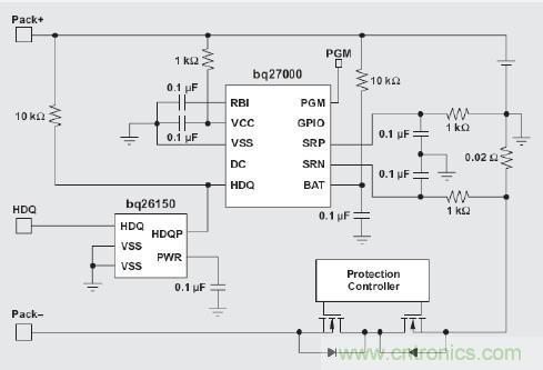 圖2 具有 bq27000 和驗證 IC 的電路