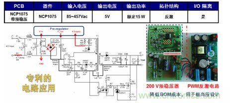 基于NCP1075開關(guān)穩(wěn)壓器和200 V預穩(wěn)壓器的極寬電壓范圍15 W參考設(shè)計。