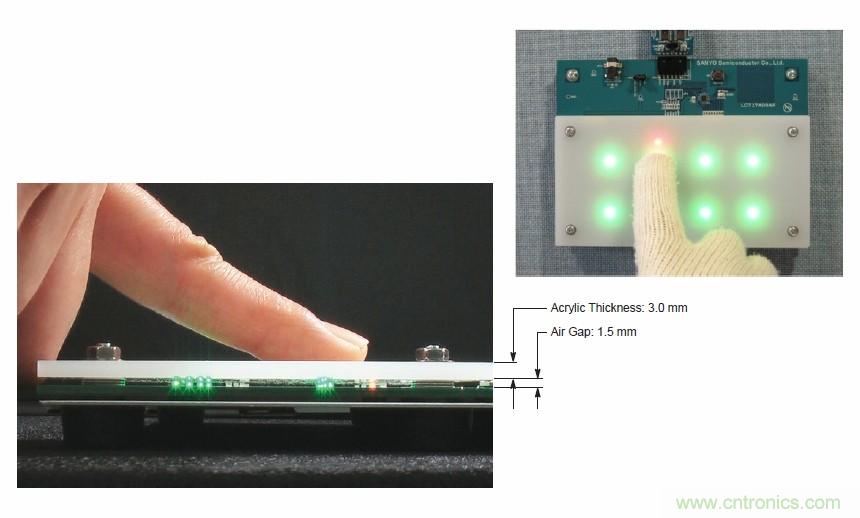 圖7. 安森美半導(dǎo)體電容式觸摸傳感器具有高度靈敏度，支持戴手套觸摸，支持含氣隙應(yīng)用