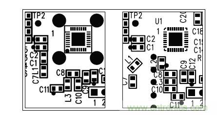  圖中所示為兩種不同的PCB布局，其中一種布局的元件排列方向不合理（L1和L3），另一種的方向排列則更為合適。