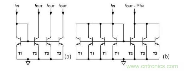 （a） 多級電流鏡 （b） 非整數(shù)比例電流鏡可將3個T2集電極結(jié)合起來，得到3IIN