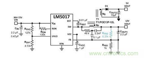 基于 LM5017 的 Fly-Buck 轉(zhuǎn)換器電路，沒有基于光耦合器的穩(wěn)壓電路