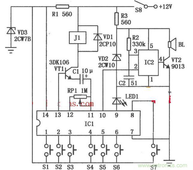 汽車電子密碼鎖電路圖設(shè)計