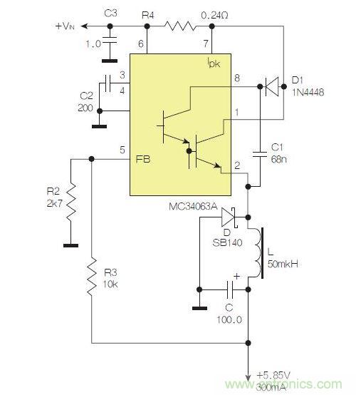 采用降壓配置中廣為使用的MC33063/MC34063的一個(gè)示例。