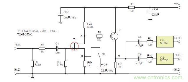 所示電路采用兩個(gè)工作在不同頻率下的555定時(shí)器，以獲取不同的音