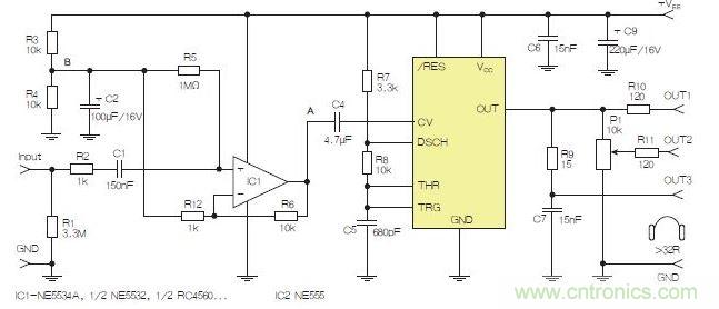 含運(yùn)算放大器和NE555定時(shí)器的耳機(jī)和音頻線路驅(qū)動(dòng)器。也可以使用CMOS版本(如LMC555)，但輸出電流較低。其優(yōu)點(diǎn)為工作頻率較高。