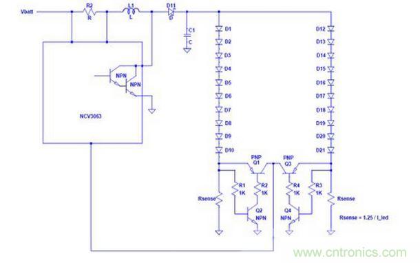 基于NCP3063 單個電流環(huán)路驅(qū)動多串LED