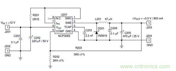 Buck電路應(yīng)用實(shí)例-輸入9～12V，輸出3.3V 800mA電路