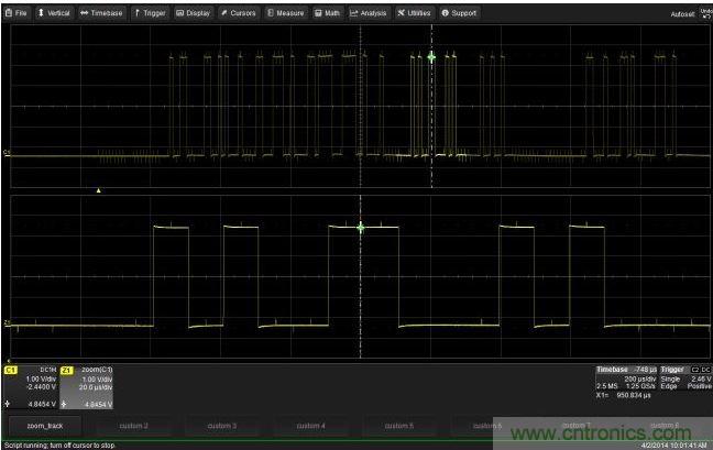 使用CustomDSO運行VB腳本“zoom_Track.lss”。當腳本運行時，縮放波形的中心將跟蹤水平的光標絕對位置。從圖中可以看出，光標將永遠位于縮放波形Z1的中心