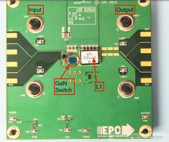 演示板用于顯示GaN的EMI。該GaN組件被圈定，我會在L1左側(cè)測量切換的波形。