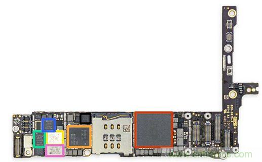 iPhone 6 Plus主板采用1GB RAM的蘋果A8 SoC作為核心部件。（來源：iFixit）