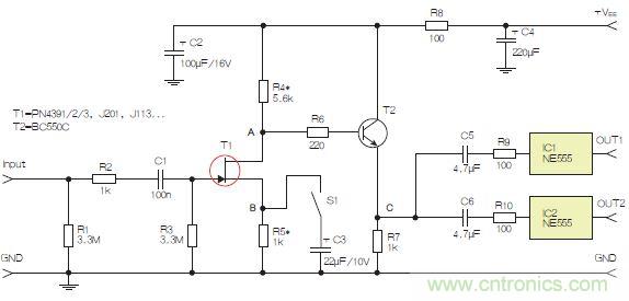 圖3：采用兩個工作在不同頻率下的555定時器電路，以獲取不同的音效。