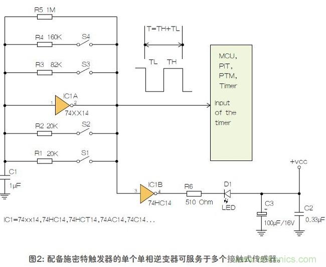 如何用單個(gè)施密特觸發(fā)器測(cè)量?jī)蓚€(gè)電阻式傳感器或多個(gè)開(kāi)關(guān)？