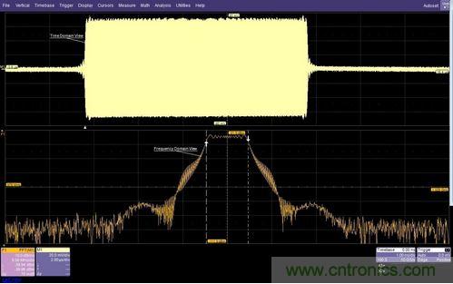 面的時(shí)域圖顯示了脈沖調(diào)制的射頻載波，下方的頻域圖顯示了在997MHz和1002MHz之間均勻分布的載頻
