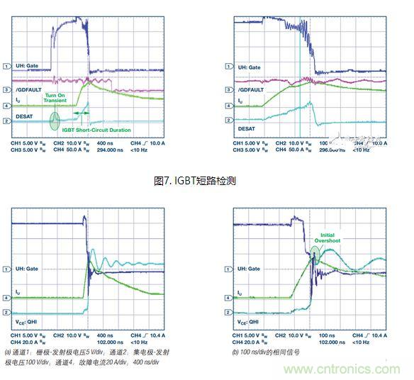 過流關(guān)斷時(shí)序延遲（通道1：柵極-發(fā)射極電壓10 V/div；通道2：來自 控制器的PWM信號(hào)5 V/div；通道3：低電平有效跳變信號(hào)5 V/div；100 ns/div）