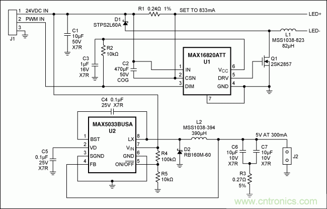 MR-16 LED驅(qū)動器和用于脈沖LED冷卻器供電的5V輔助電源