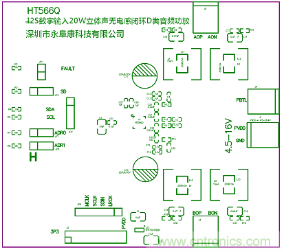 HT566 I2S數(shù)字輸入2x20W立體聲無電感閉環(huán)D類音頻功放解決方案