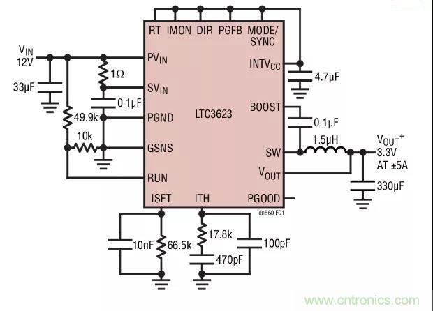 高效率、15V 軌至軌輸出同步降壓型穩(wěn)壓器能提供或吸收 5A