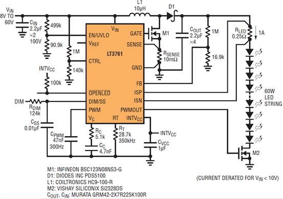 LT3761 LED驅動器精確的PWM LED調光功能