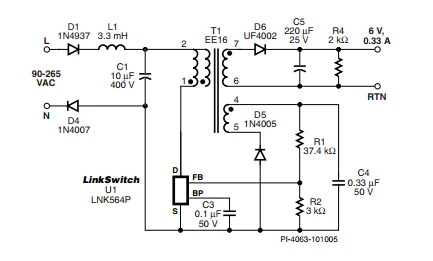 LinkSwitch-LP 系列旨在取代手機/無繩電話、PDA、數(shù)碼相機和便攜式音頻播放器等應(yīng)用中輸出功率 < 2.5 W 的低效線頻線性變壓器電源。LinkSwitch-LP 還可用作白色家電等應(yīng)用中的輔助電源。  LinkSwitch-LP 將高壓功率 MOSFET 開關(guān)與 ON/OFF 控制器集成在一個設(shè)備中。它完全由漏極引腳自供電，具有低 EMI 的抖動開關(guān)頻率，并且具有全面的故障保護。自動重啟可限制過載和輸出短路條件下的器件和電路耗散，而遲滯過溫保護會在熱故障期間禁用內(nèi)部 MOSFET。EcoSmart 技術(shù)使設(shè)計能夠輕松實現(xiàn) < 150 mW 的空載功耗，滿足能源效率要求。  LinkSwitch-LP 的設(shè)計目的是在輸出功率低于 2.5 W 時無需初級側(cè)鉗位電路，從而顯著減少組件數(shù)量和總系統(tǒng)成本。圖 1 顯示了基于 LinkSwitch-LP 的 2 W 電源，不帶初級側(cè)鉗位。LinkSwitch-LP 系列經(jīng)過優(yōu)化，當(dāng)變壓器上的輔助或偏置繞組提供反饋時，可提供近似的 CV/CC 輸出特性。這非常適合取代工頻變壓器的應(yīng)用，提供兼容的輸出特性，但過載、短路電流和輸入線電壓變化較小。  　  在無鉗位設(shè)計中使用 LinkSwitch-LP 的基本電路原理圖。  快速開始  　 LinkSwitch-LP 反激式設(shè)計流程圖